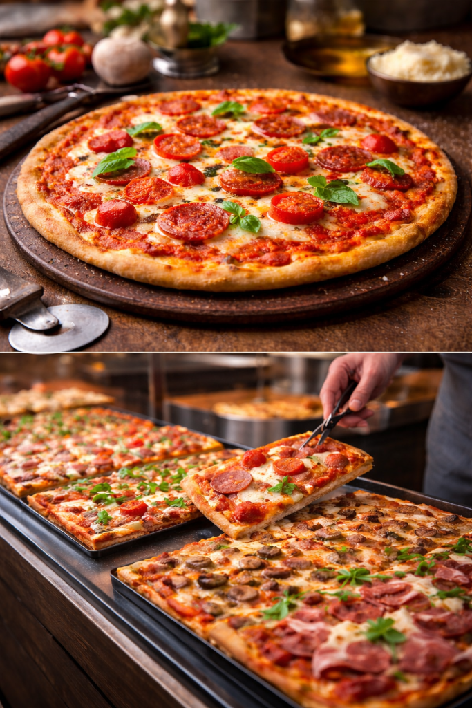 Traditional Roman pizzas – thin and crispy Pizza Tonda Romana and rectangular Pizza al Taglio sold by weight in a Rome bakery