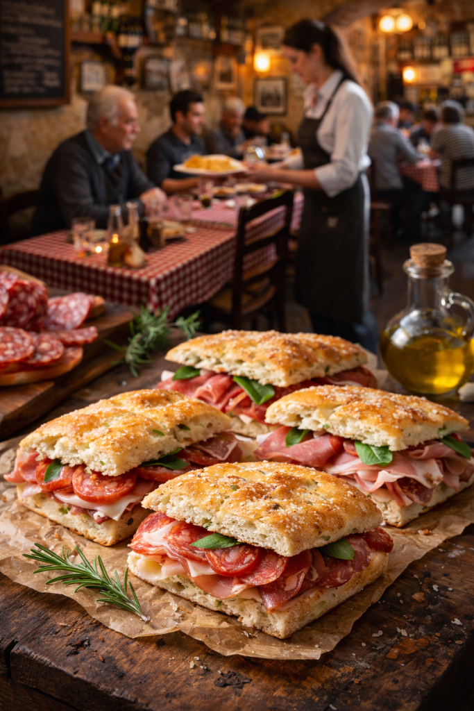 Fresh Italian focaccia sandwiches filled with cured meats served inside a traditional Roman osteria with a short seasonal menu