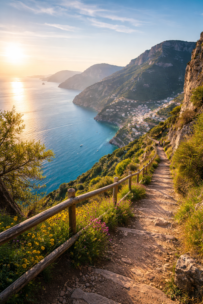 Panoramic view from the Path of the Gods hiking trail on the Amalfi Coast, showing dramatic cliff-top paths connecting mountain villages with the Mediterranean Sea below.