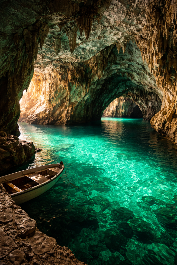 Interior of the Emerald Grotto on the Amalfi Coast, a sea cave illuminated by emerald-green water created by sunlight refracting through the sea.