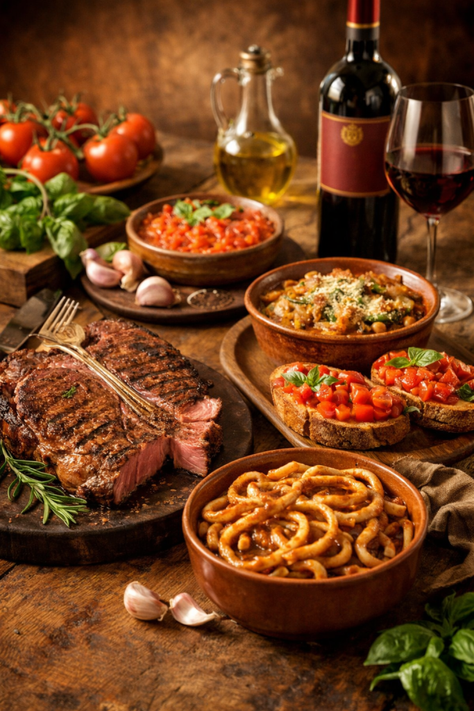 Traditional Tuscan cuisine displayed on a rustic table featuring Bistecca alla Fiorentina, handmade pici pasta, bruschetta with local olive oil, ribollita soup, ripe tomatoes, fresh herbs, and a glass of red Tuscan wine