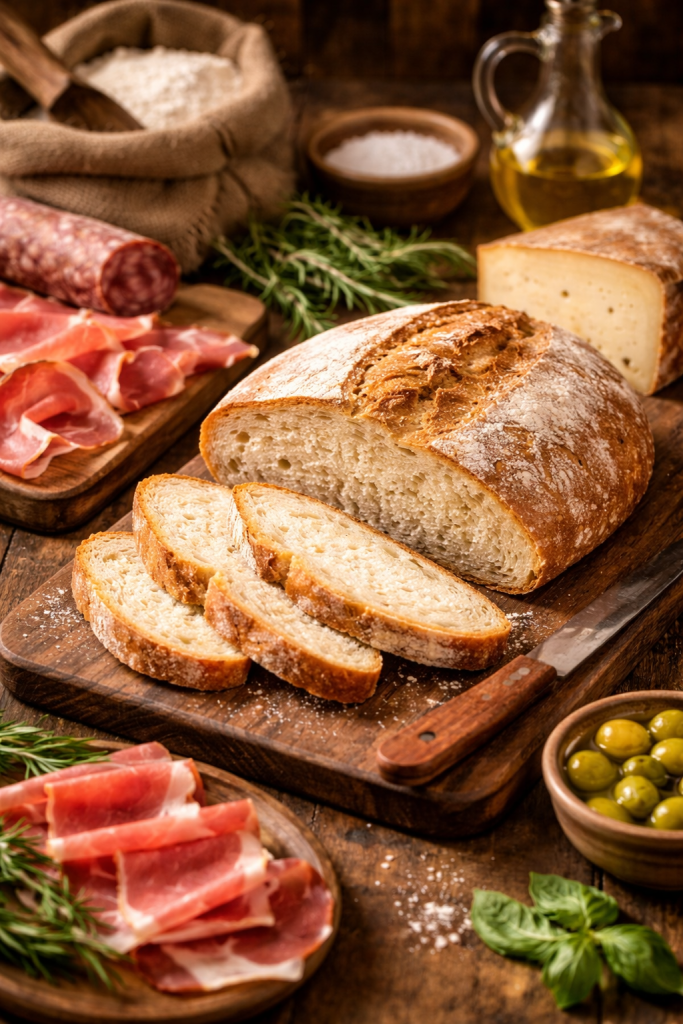 Traditional Pane Sciocco Tuscan bread sliced on a rustic wooden table, served with cured meats, pecorino cheese, olive oil, and olives, showcasing Tuscany’s salt-free bread tradition and simple regional cuisine