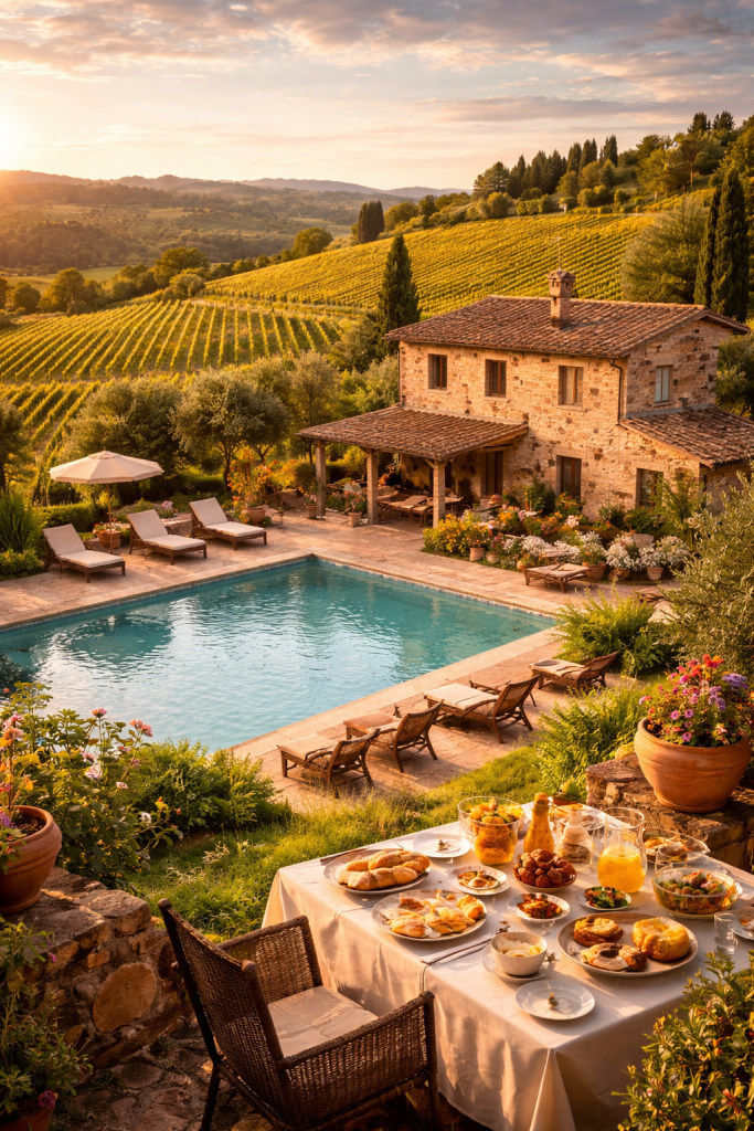 Rustic Tuscan agriturismo with a stone farmhouse, swimming pool, and vineyard views at sunset, showcasing traditional countryside accommodation surrounded by rolling hills and olive trees.