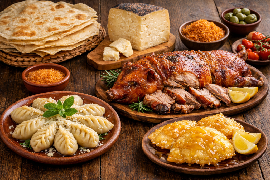 Traditional Sardinian cuisine featuring culurgiones stuffed pasta, slow-roasted porceddu, pane carasau flatbread, pecorino sardo cheese, bottarga cured fish roe, and seadas dessert with honey, served on a rustic wooden table