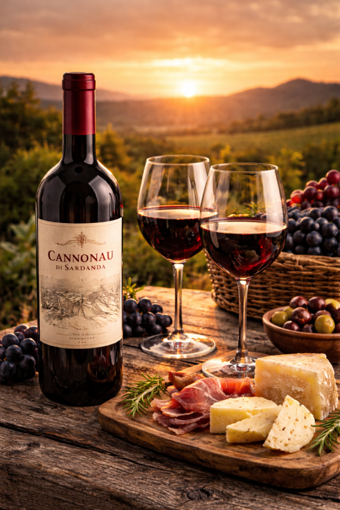 Cannonau wine from Sardinia served outdoors at sunset, with two glasses of red wine, local pecorino cheese, cured meats, grapes, and a vineyard landscape in the background.