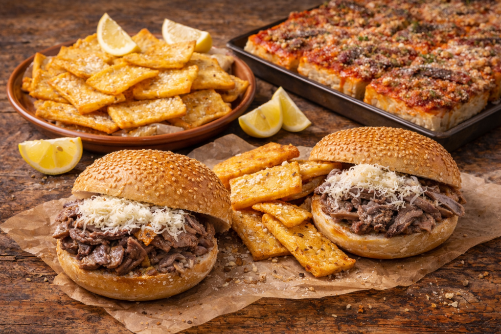 Traditional Sicilian street food featuring pane con la milza sandwiches, panelle chickpea fritters, and sfincione pizza on a rustic table in Sicily