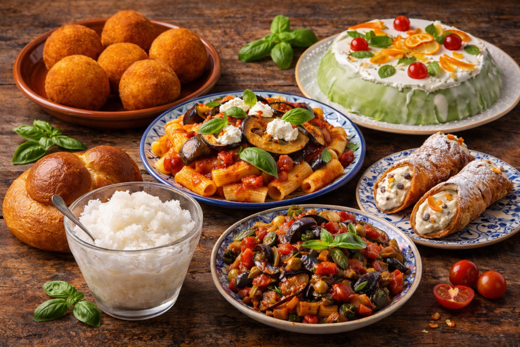Traditional Sicilian cuisine spread featuring arancini, pasta alla Norma with eggplant, caponata vegetables, cassata cake, cannoli pastries, and granita served with brioche