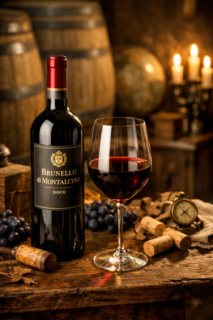A glass of Vino Nobile di Montepulciano red wine set against rolling Tuscan vineyards, representing one of Italy’s most prestigious wine regions.