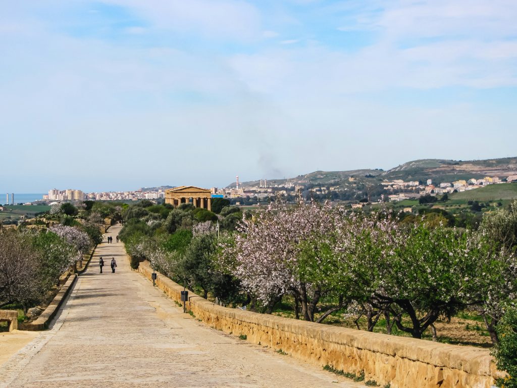 Valley of the Temples in Agrigento, Sicily, featuring well-preserved ancient Greek temples standing on a hillside with golden stone columns against the Mediterranean landscape and open sky