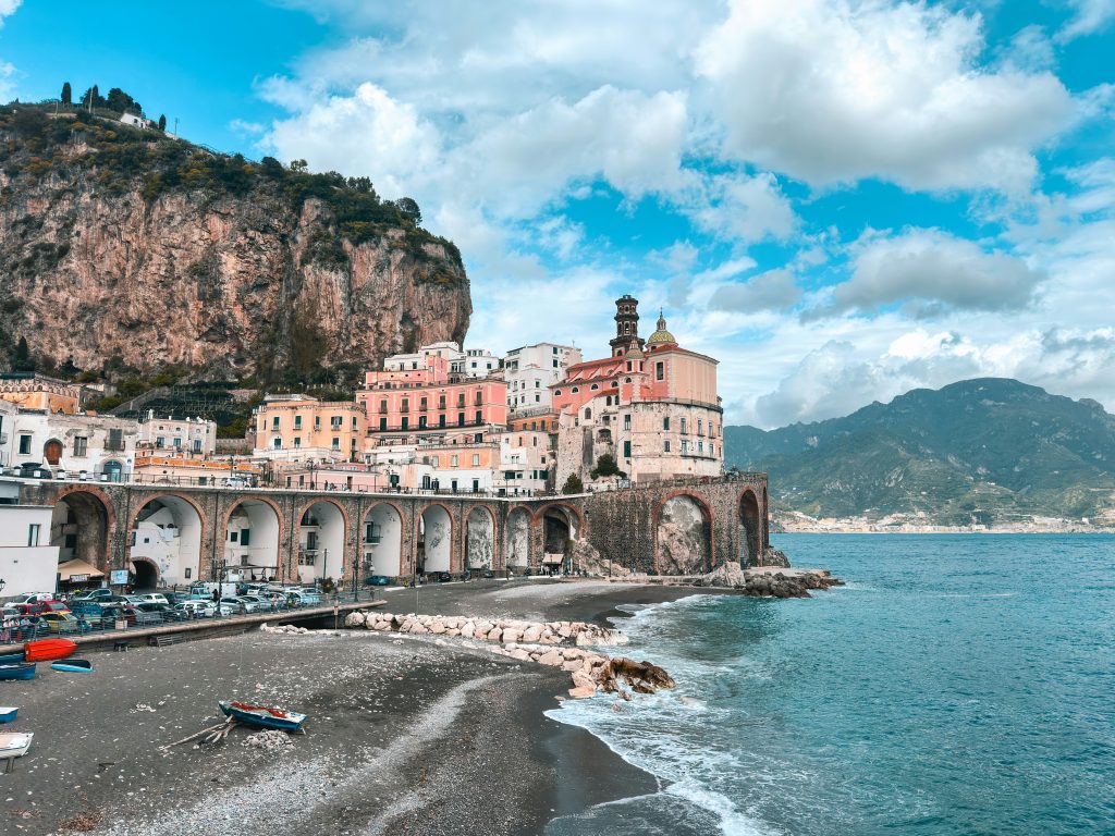 Atrani village near Amalfi with traditional buildings, quiet atmosphere, and small coastal square