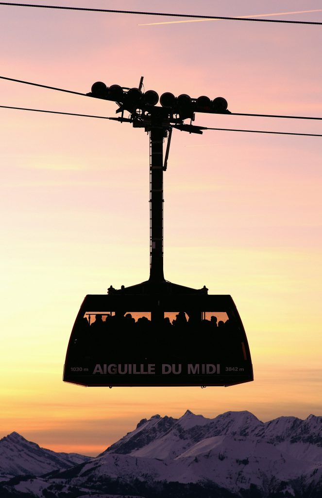 Aiguille du Midi cable car and panoramic views above Chamonix and Mont Blanc