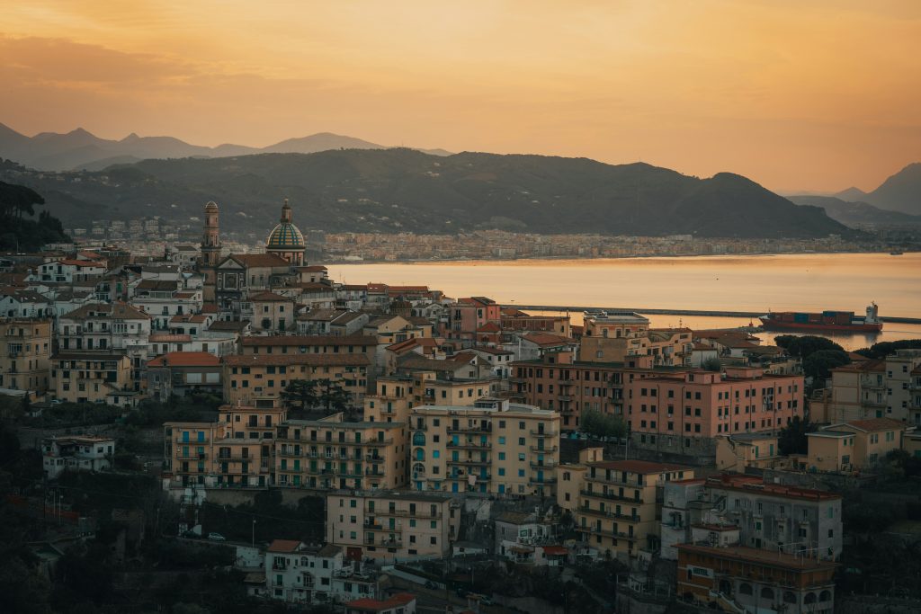 Colorful streets and hand-painted ceramic tiles in Vietri sul Mare, the historic center of Amalfi Coast ceramics overlooking the sea.