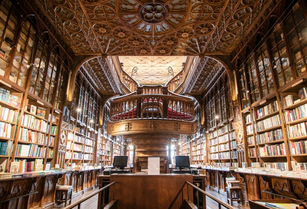 Interior of Livraria Lello bookstore in Porto Portugal