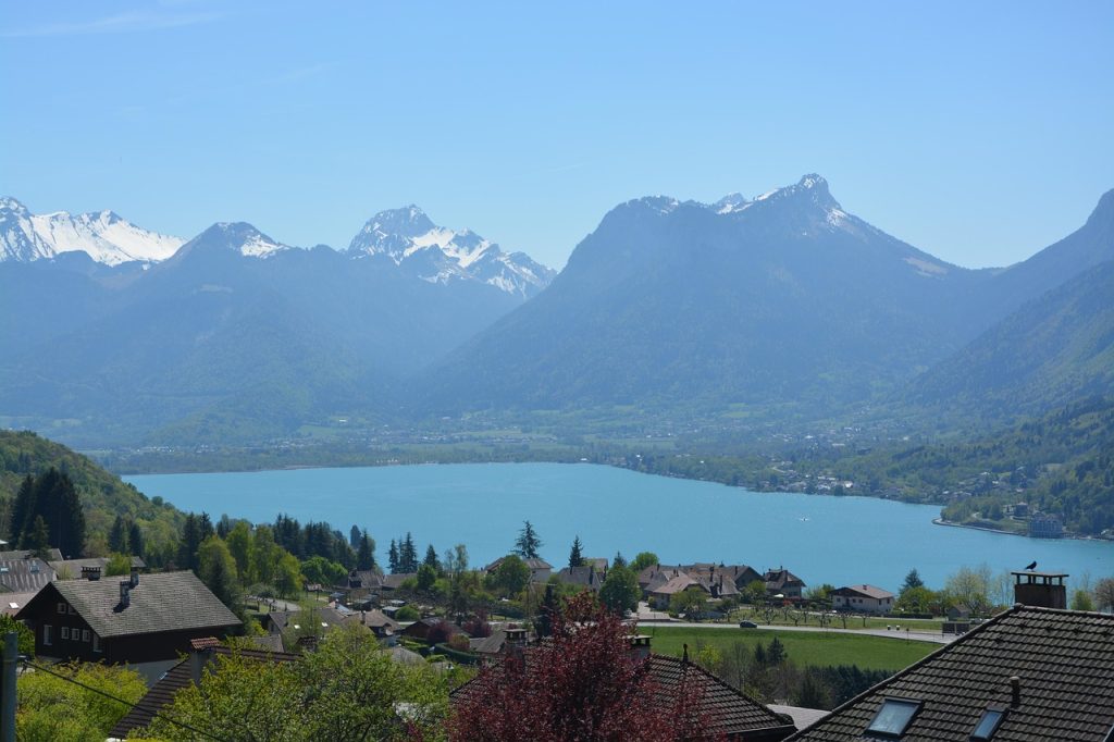 Annecy old town with canals and alpine backdrop