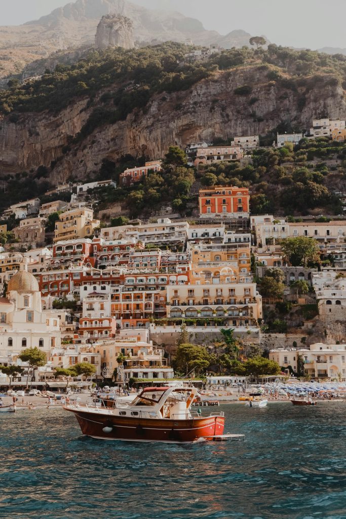 Colorful houses cascading down the cliffs of Positano on the Amalfi Coast overlooking the Mediterranean Sea