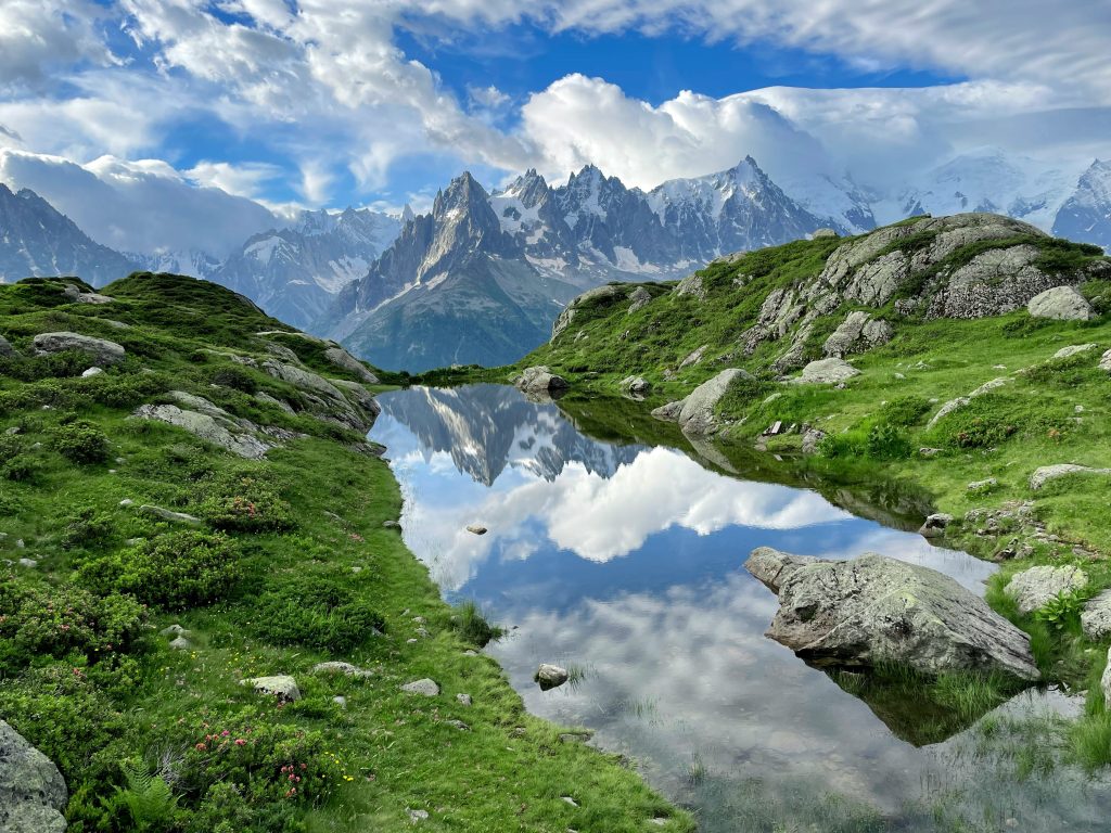 Mont Blanc peak in the French Alps with snow-covered mountain landscape
