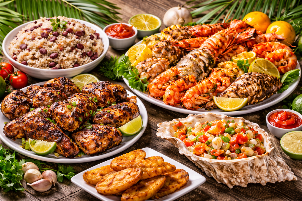 Caribbean Travel Guide traditional Caribbean dishes including jerk chicken, rice and peas, seafood, conch, and plantains