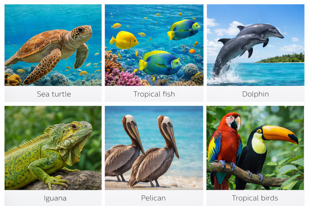 Caribbean Travel Guide wildlife collage showing sea turtle, tropical fish, dolphin, iguana, pelican, and tropical birds