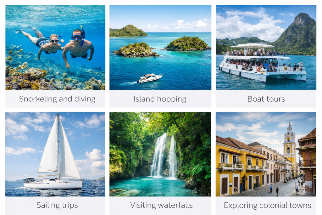 Caribbean Travel Guide activities collage showing snorkeling island hopping boat tours sailing waterfalls and colonial towns