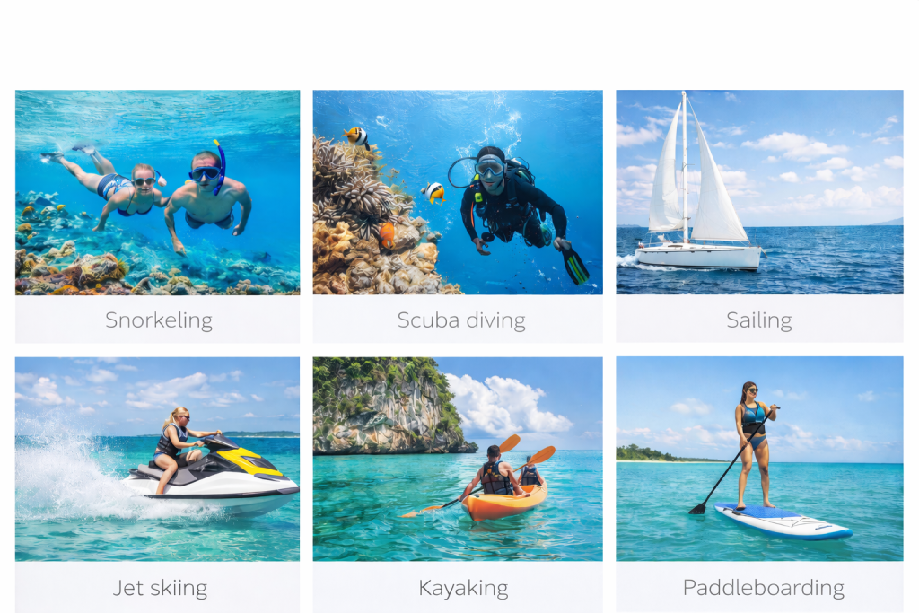 Caribbean Travel Guide activities collage showing snorkeling, scuba diving, sailing, jet skiing, kayaking, and paddleboarding in turquoise Caribbean waters
