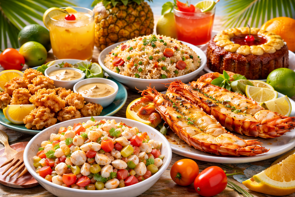 Bahamas Travel Guide traditional Bahamian food with conch salad, lobster, peas and rice, and rum cake