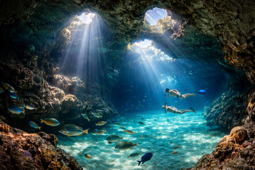 Bahamas Travel Guide Thunderball Grotto underwater cave near Staniel Cay Exuma Bahamas with crystal clear water
