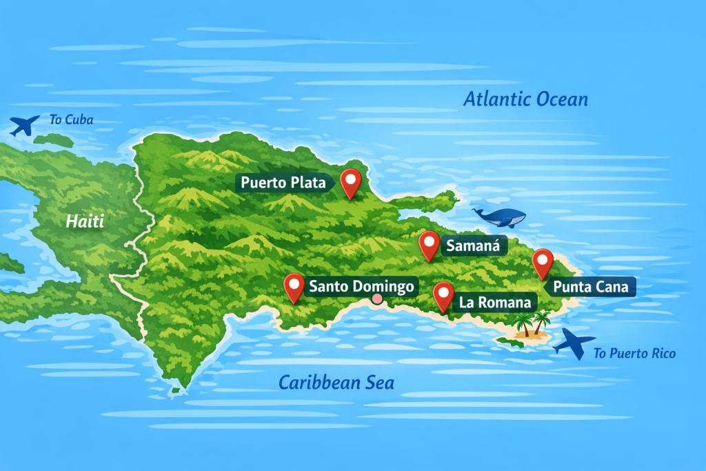 Illustrated map of the Dominican Republic highlighting key tourist destinations such as Punta Cana, Santo Domingo, Samaná, Puerto Plata, and La Romana with surrounding Caribbean Sea and Atlantic Ocean.