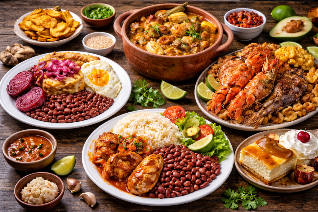 Dominican Republic Travel Guide traditional Dominican food with rice, beans, plantains, and seafood
