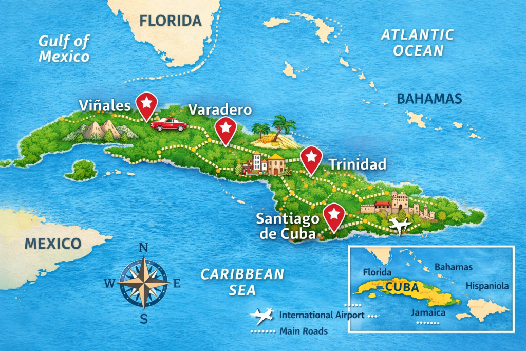 Cuba travel guide map with major cities Havana Varadero Trinidad Santiago de Cuba and Vinales locations