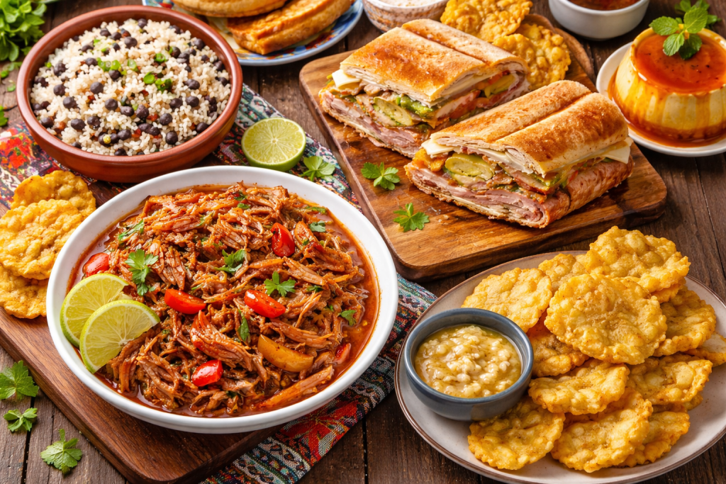 Traditional Cuban cuisine with ropa vieja, Cuban sandwich, rice and beans, tostones and flan dessert Cuba travel guide food