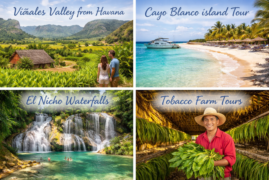 Popular day trips in Cuba travel guide including Vinales Valley, Cayo Blanco island tour, El Nicho waterfalls and tobacco farms