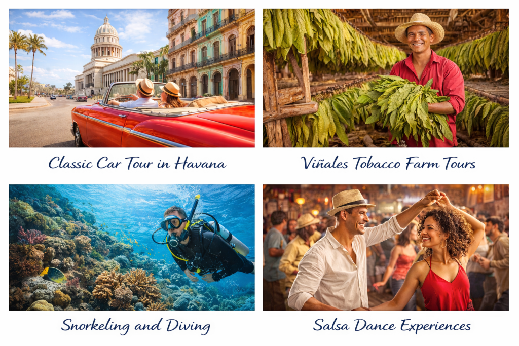 Popular excursions in Cuba travel guide including classic car tour in Havana, tobacco farm tour, snorkeling and salsa dance