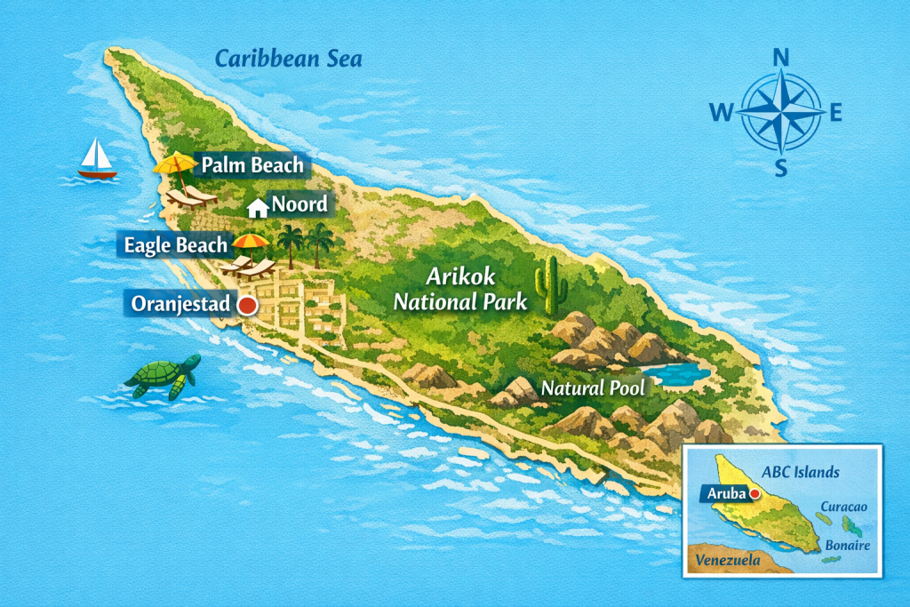 Aruba Travel Guide map showing Oranjestad, Palm Beach, Eagle Beach, Noord and Arikok National Park in Aruba Caribbean island