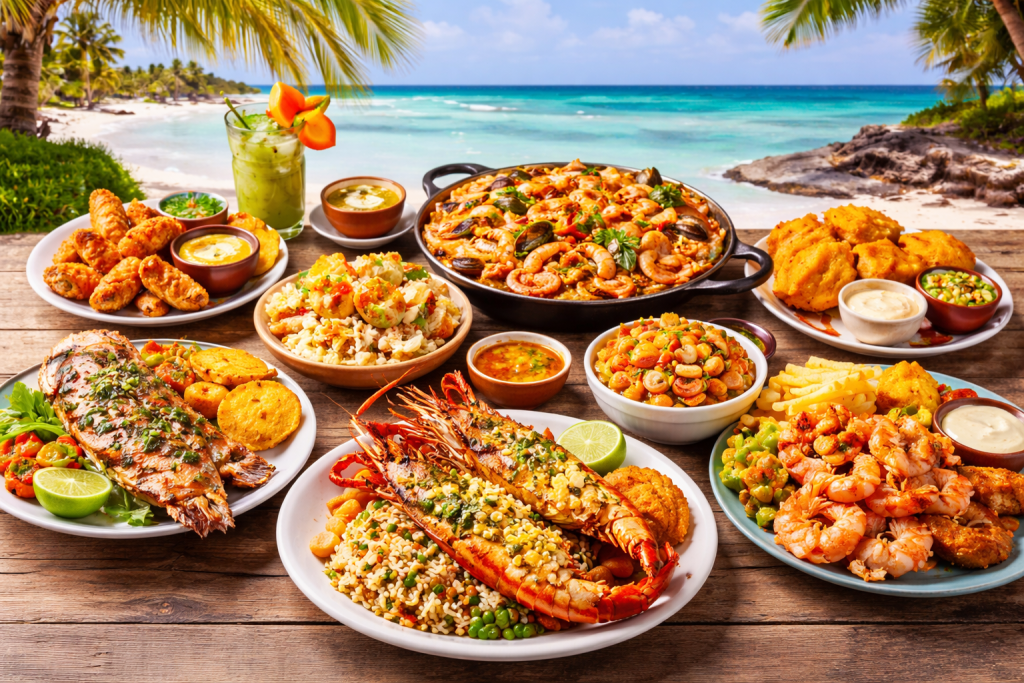 Aruba Travel Guide traditional Caribbean seafood dishes with grilled fish shrimp rice and tropical beachside dining scene