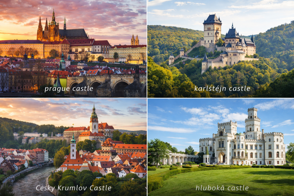 Czech Republic castles collage Prague Castle Karlstejn Cesky Krumlov Hluboka famous landmarks Central Europe travel