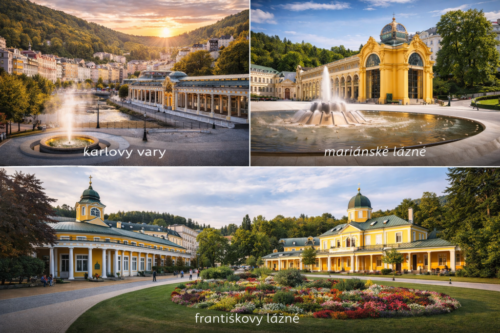 Czech Republic spa towns collage Karlovy Vary Marianske Lazne Frantiskovy Lazne thermal springs wellness travel Central Europe
