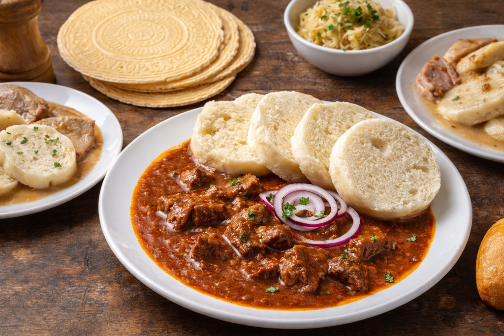 traditional czech cuisine karlovy vary goulash dumplings karlovarske oplatky food
