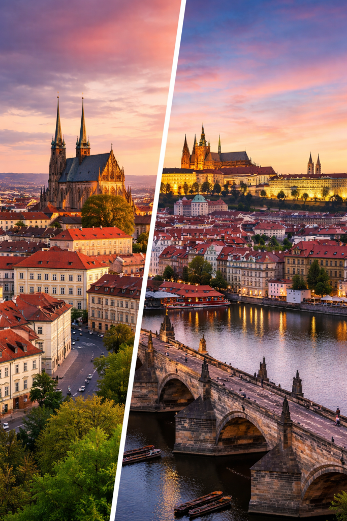 brno vs prague skyline split image cathedral st peter and paul charles bridge vltava river travel guide central europe comparison