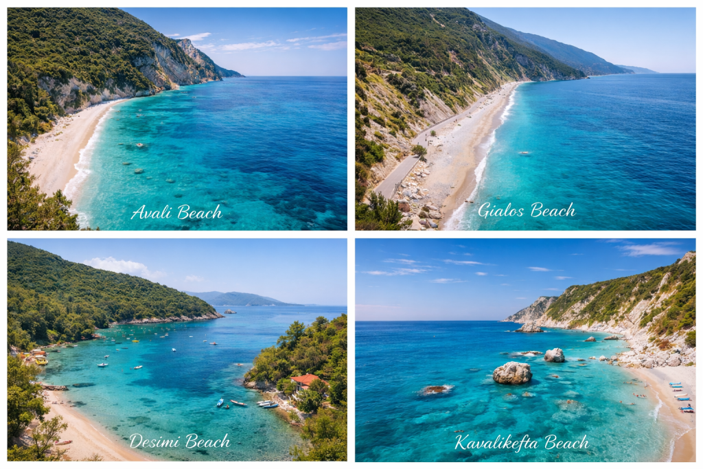 Collage of hidden beaches in Lefkada featuring Avali Beach, Gialos Beach, Desimi Beach and Kavalikefta Beach with turquoise Ionian waters, white cliffs and scenic coastal landscapes in Greece.