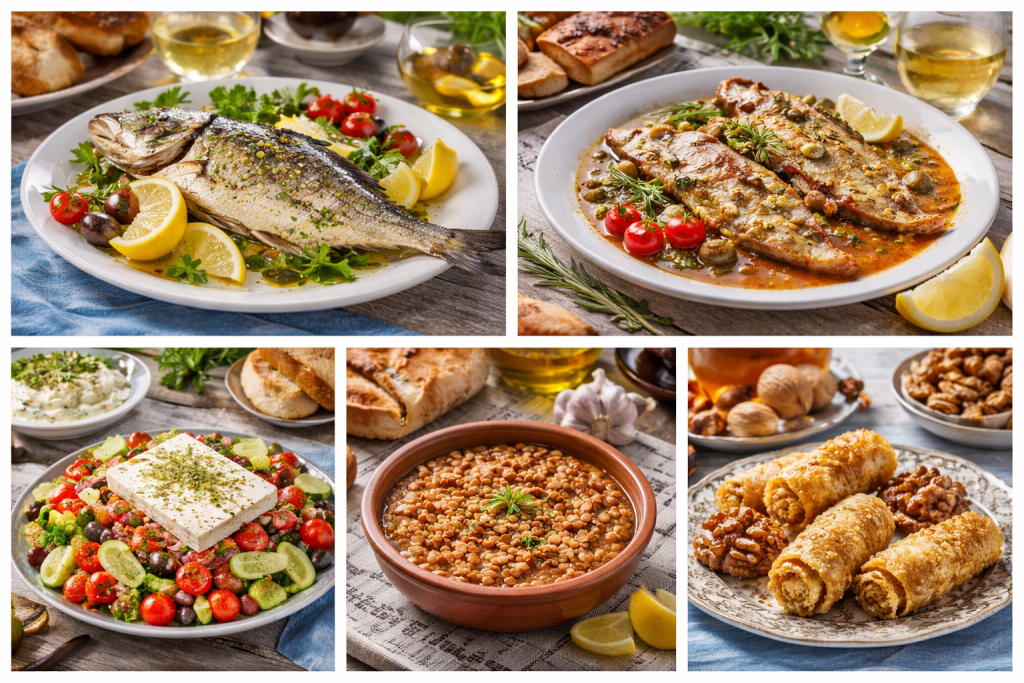 Traditional Lefkada food table featuring savoro fish, grilled sea bream, Eglouvi lentils, village Greek salad, baklava and local sweets on a rustic wooden table in Greece.