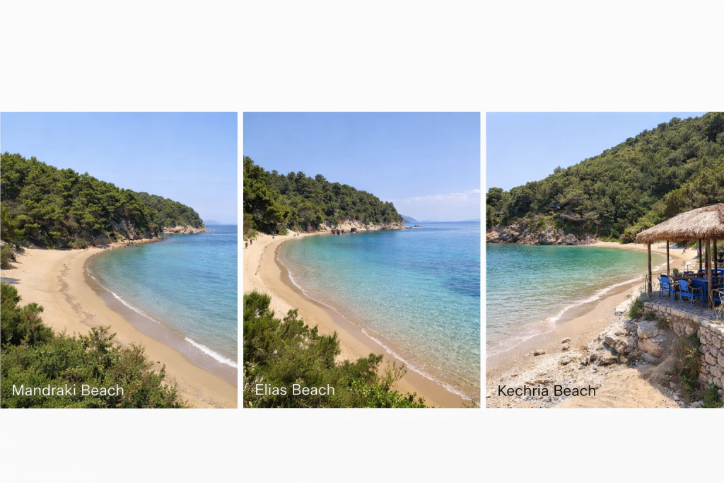 Mandraki, Elias and Kechria beaches in Skiathos with clear blue water and pine forest coastline