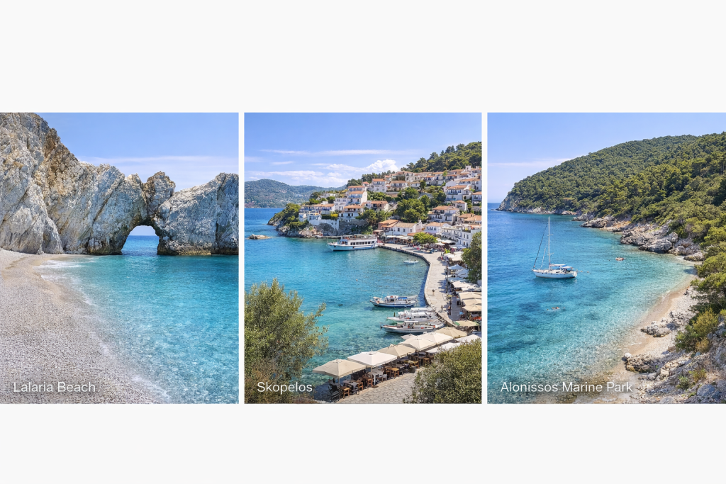Collage of Lalaria Beach, Skopelos island and Alonissos Marine Park with turquoise Aegean water, white cliffs and lush green coastline in the Sporades, Greece