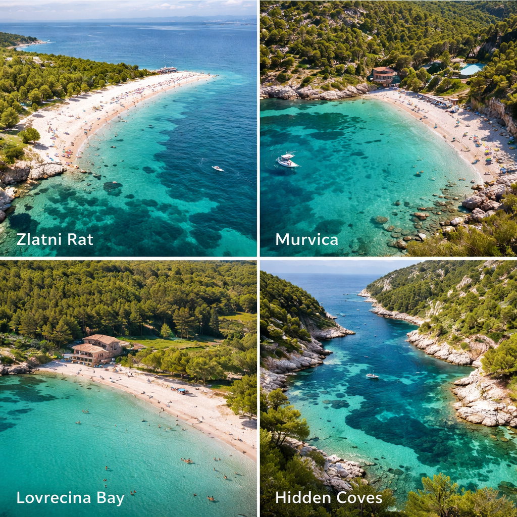 Brač island Croatia best beaches collage Zlatni Rat Murvica Lovrečina Bay hidden coves Adriatic Sea