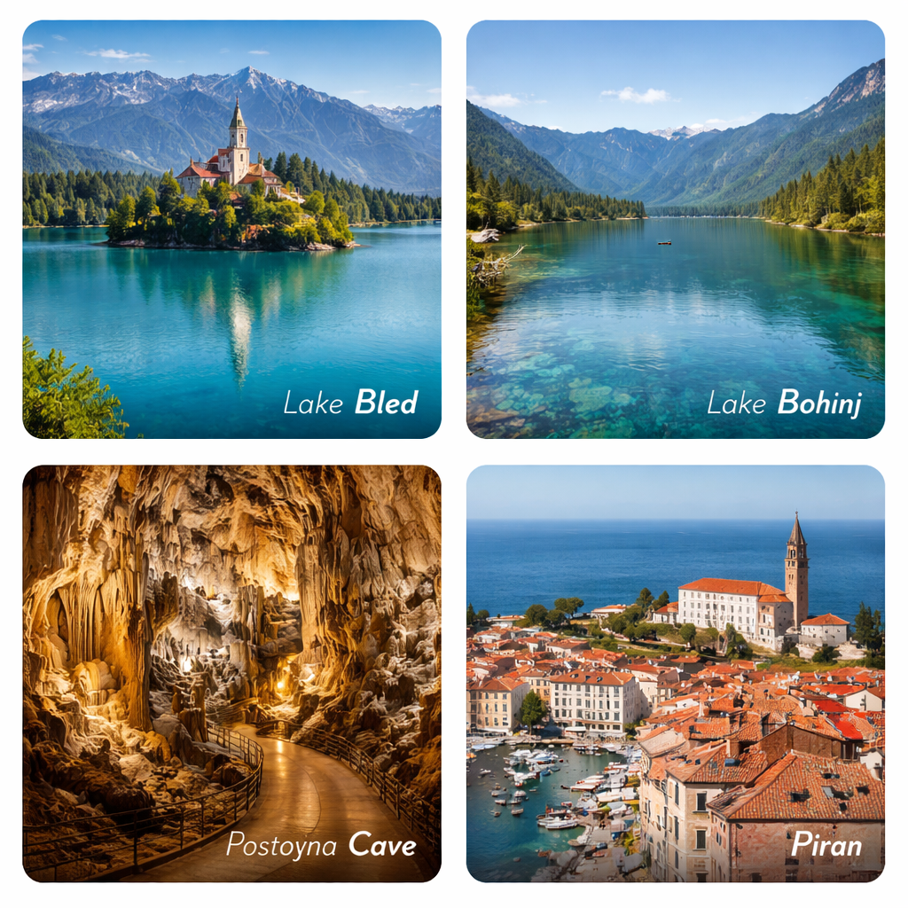 Slovenia travel guide collage Lake Bled Lake Bohinj Postojna Cave Piran scenic destinations