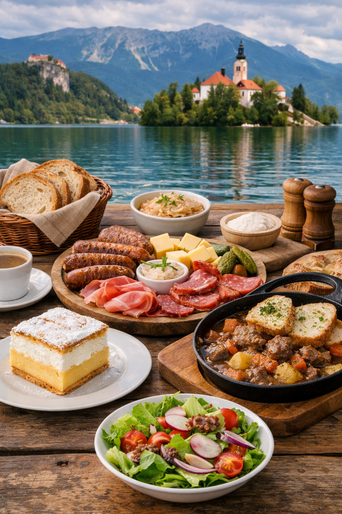 Slovenia cuisine Lake Bled cream cake traditional food dishes scenic lake background