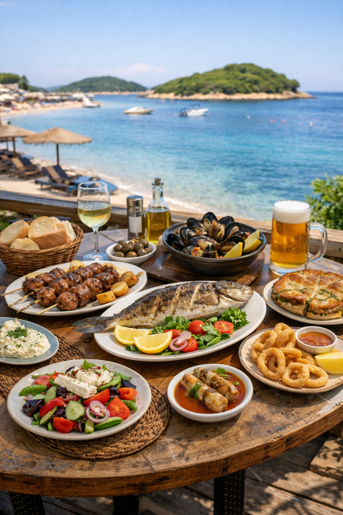 Ksamil Albania seaside dining table with seafood grilled fish and Mediterranean dishes overlooking turquoise beach and islands