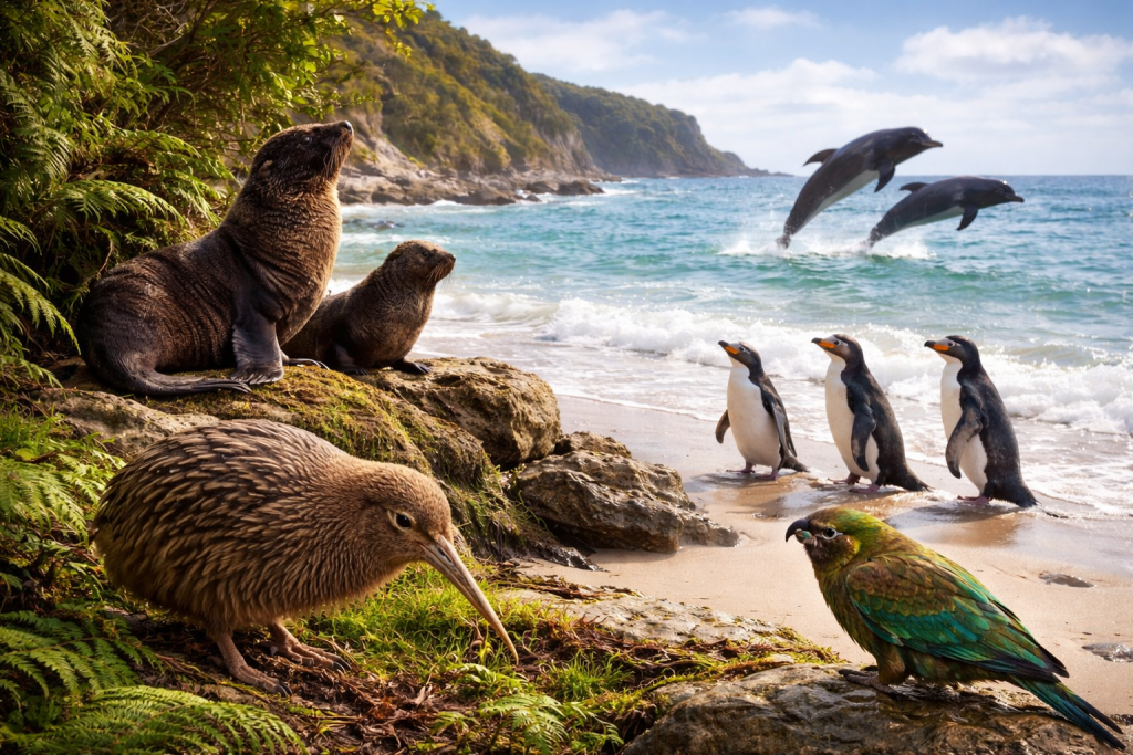 New Zealand wildlife collage featuring kiwi bird, kea alpine parrot, fur seals on rocky coast, little blue penguins on sandy beach and dolphins in clear Pacific Ocean water