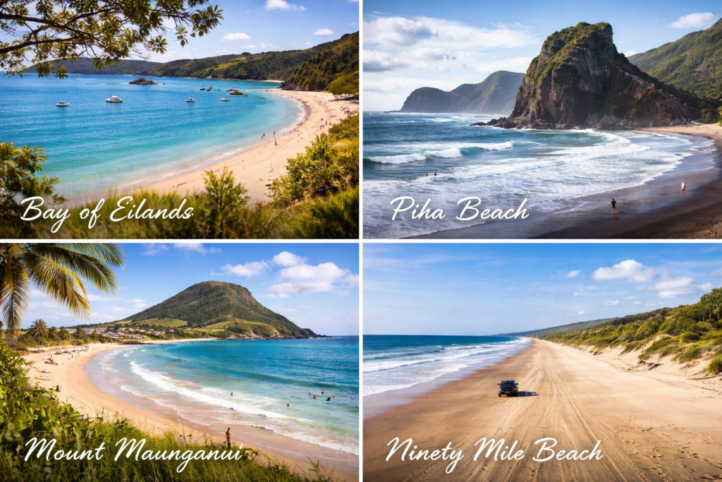 Collage of North Island beaches in New Zealand featuring Bay of Islands turquoise waters, Piha Beach black volcanic sand, Mount Maunganui sandy coastline and Ninety Mile Beach long driving shoreline