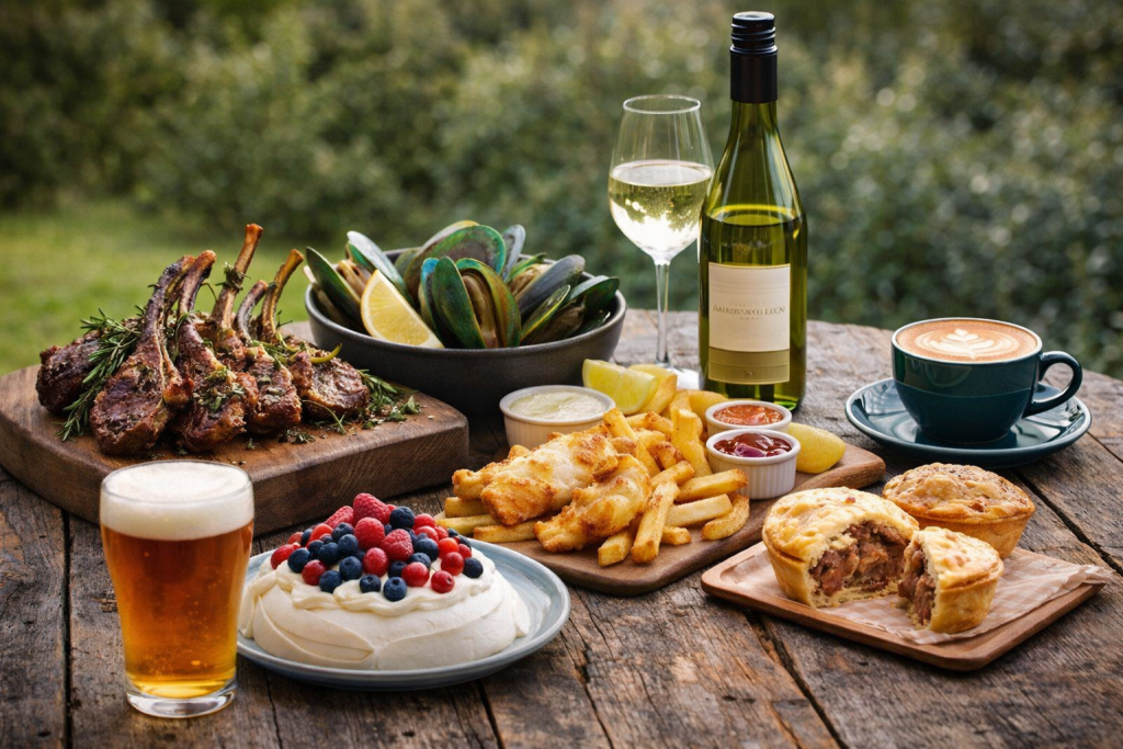 New Zealand traditional food and drinks featuring lamb chops, green-lipped mussels, fish and chips, meat pies, pavlova dessert, Sauvignon Blanc wine, craft beer and flat white coffee