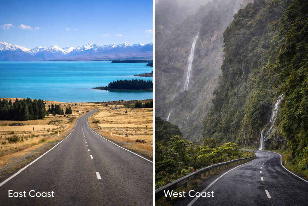 East vs West Coast South Island New Zealand comparison showing Lake Tekapo open plains on the East Coast and rainforest cliffs with waterfalls on the West Coast